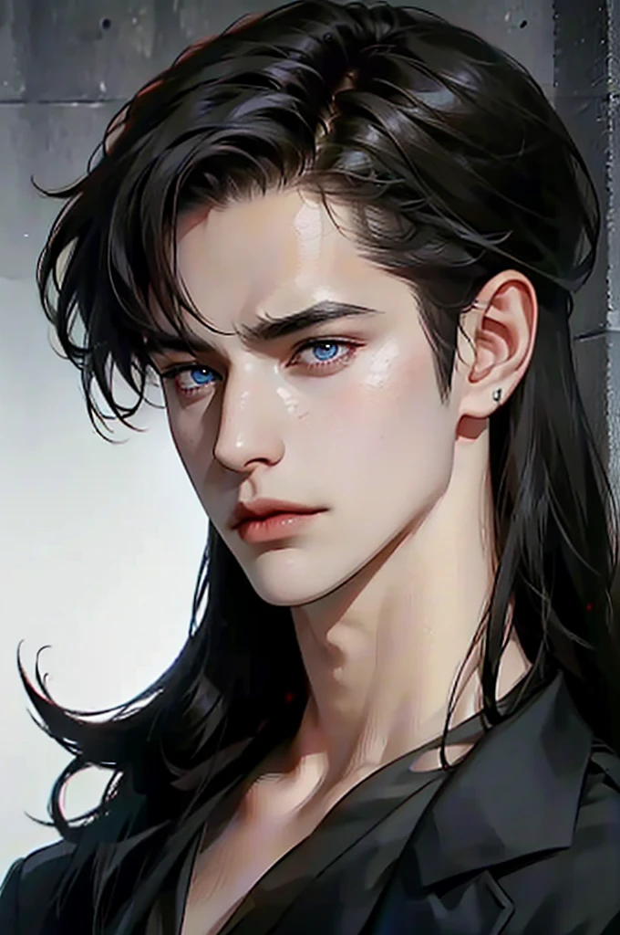 a dark-haired young man with long raven hair, piercing blue eyes, wearing a dark outfit, shirt, detailed portrait, cinematic lighting, dramatic mood, high quality, photorealistic, 8k, detailed skin texture, chiaroscuro, moody, atmospheric, dramatic lighting, intense gaze, brooding expression, elegant, intense, handsome, mysterious, ambient occlusion, depth of field, vibrant colors, hyperrealistic