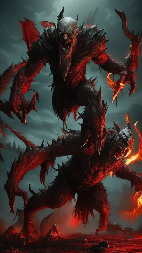 Monster with long arms and legs with sharp teeth and large pointed ears, bald with a few strands of hair, Red eyes and deformed face, Monstrously transformed .