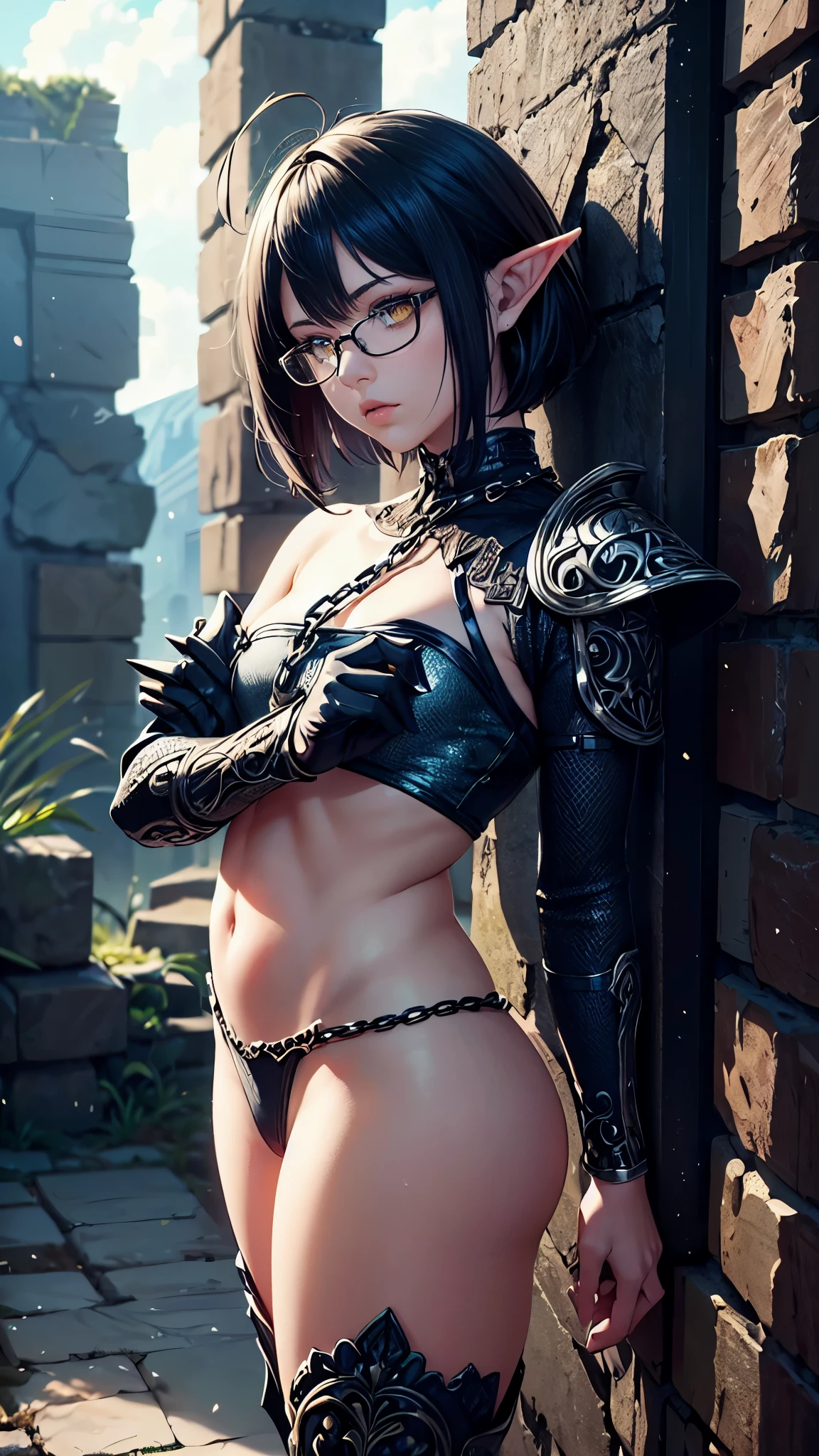 high resolution, ultradetailed, sunny day, ray of lights, 16k, unreal engine, UHD, photorealistic, (skin texture:1.4), (detailed face features:1.3), correct proportions, (library ruins background:1.2 ), 1 girl, beautiful yellow eyes, cowboy pose, dynamic pose, pretty eyes, plump lips, (thin and sharp pale eyebrows), long dark eyelashes, huge ahoge, glasses, enigmatic, dark elf, pointy ears, light skin, full body shot, accurate small snub nose, (short dark blue hair with black tint:1.2), (form-fitting, ornate and elegant fantasy metal armor made of dark green metal with inserts of fine chain mail and floral embossed ornament:1.1)