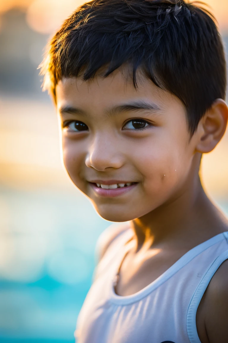 A -yeld Ard boy wearing a see-through tank top, A small smile, View your viewers, A cute boy, Close-up portrait, Happy kids, Youoy, Expression of joy, medium Portrait Soft Light, kid a, Young pretty Asian face, Realistic body lines, At the beach pool, At sunset, The sunlight casts a subtle glow on his face., highlight his features、Create dynamic visuals, Bright photo, Portrait Soft Light, Disney Avatar