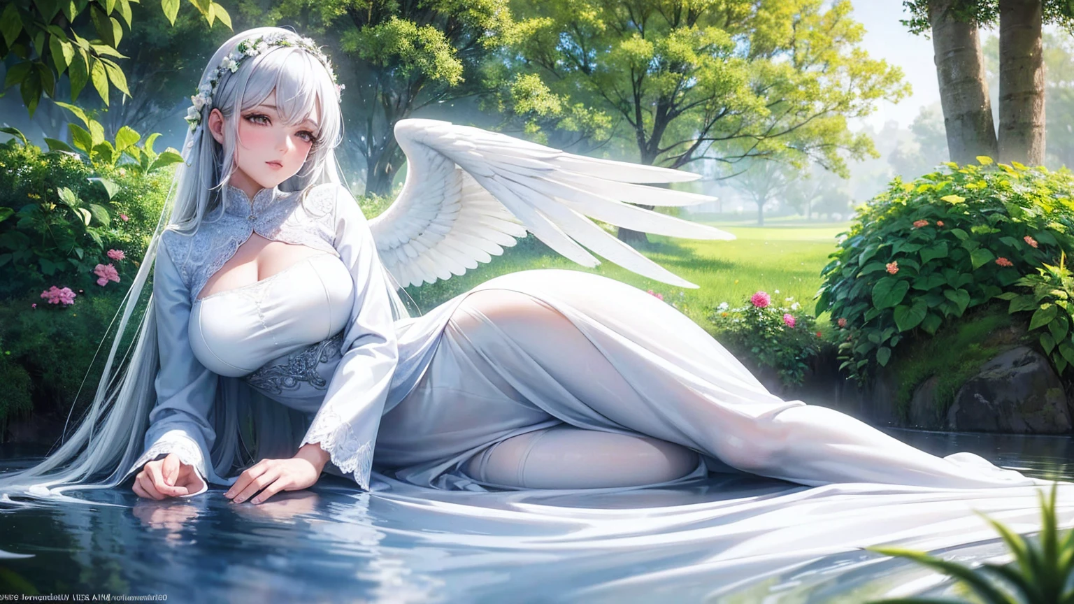 "1 29 years old fully clothed beautiful angel mother with long white hairs and 2 beautifull white angelic wings, european face, praying, white clothes, large hips, big , white doves, doves in the background, serene and peaceful expression" ethereal and heavenly, 4k, high quality, intricate details, photorealistic, dramatic lighting, vibrant colors, beautifull scenerie, beautifull light, a peaceful garden, lush greenery, blooming flowers, serene atmosphere, warm sunlight, calming pond, tranquil landscape, beautiful scenery, natural environment, idyllic setting, (best quality,4k,8k,highres,masterpiece:1.2),ultra-detailed,(realistic,photorealistic,photo-realistic:1.37),landscape,vibrant colors,soft lighting,natural lighting