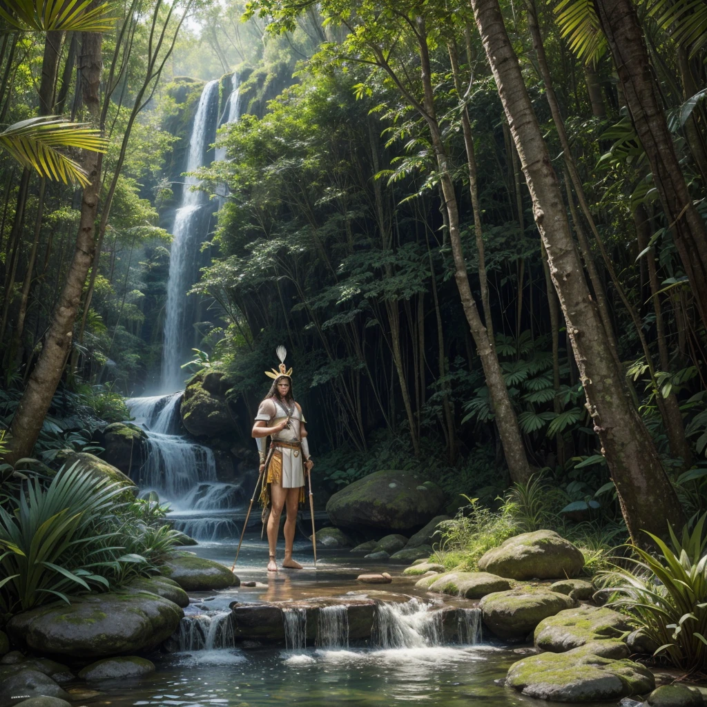 central figure:Caboclo Sete Flechas: A majestic indigenous warrior, imposing and wise, dressed in traditional costumes. Include a headdress adorned with colorful feathers and a serene countenance, conveying protection and leadership.enviroment:Green Forest: Background full of lush and green vegetation, representing the tropical forest. Incorporate rays of light that penetrate through trees, suggesting divine presence and connection with nature.Divine Elements:Seven Rays of Light: Coming out of the hands or around the Caboclo Sete Flechas, Symbolizing power and protection. Weapons and Symbols:Spear and Arrows: Caboclo holding a spear, with a bundle of arrows in your quiver or at your side. Arrows must look mystical, radiating light.
Additional Detail:Holy Waters: Crystal clear stream or waterfall, representing purity and renewal.
Jungle Animals: Discreetly inserted into the vegetation, animals such as jaguars or birds that reinforce the connection with nature and spiritual symbolism.
colors: Predominance of greens, browns and golds to represent the forest and divinity. Use vibrant colors for mystical and spiritual elements.
styled: Mix of realism and mystical elements, with an artistic touch that evokes spirituality and connection with nature.