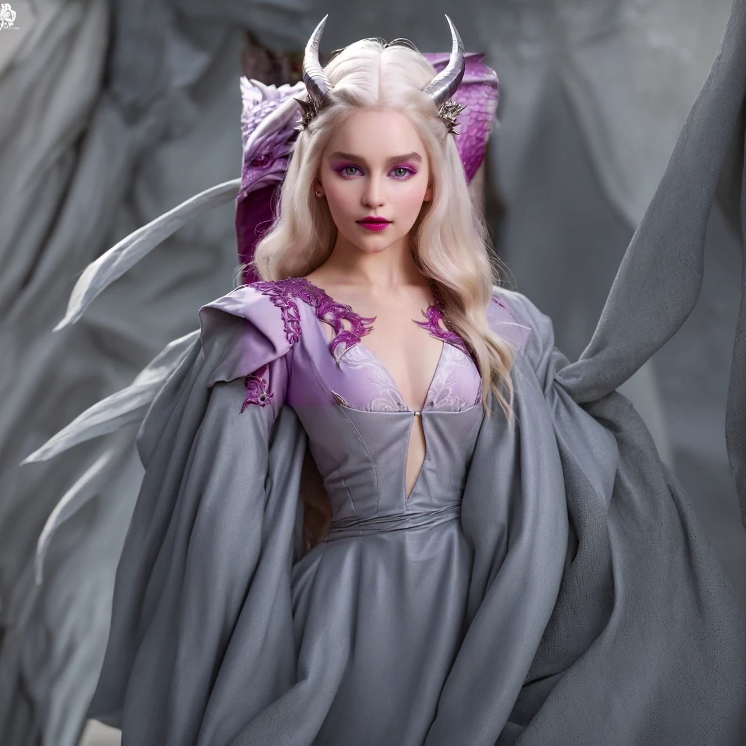 Queen of the White Dragon, mulher madura jovem, "Galadriel, EMÍLIACLARKE", elegant lilac Ruby dress, mama grande, Curvy, dragon ling vawy hair, Cabelos Super Longos, soft facial features, White dragon horns on his head, mulher majestosa, silver decoration on her lilac Ruby dress, Rainha Estrela Prateada, Grandes olhos violet, cherry lips, White dragons, starly sky