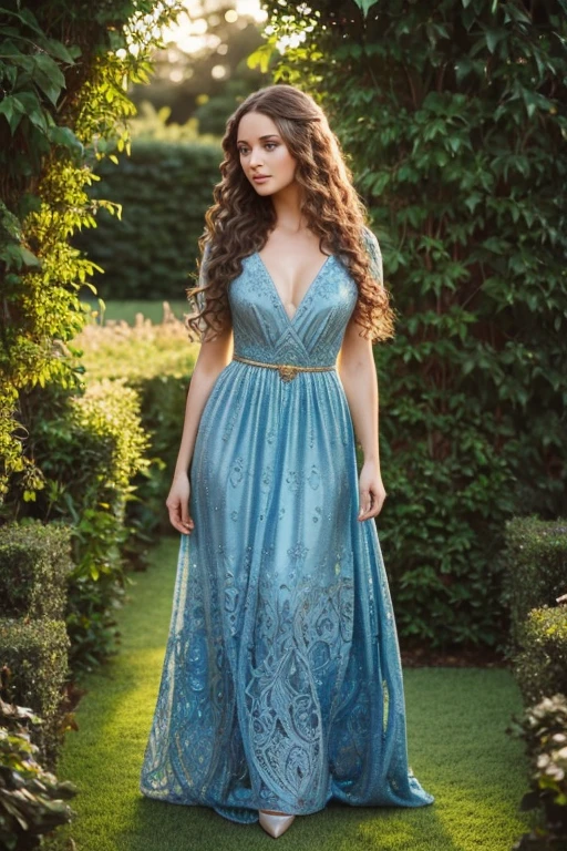 beautiful detailed girl with long curly hair past her waist, detailed face, beautiful blue eyes, detailed elegant dress, standing in a lush garden, golden hour lighting, cinematic composition, highly detailed, intricate details, photorealistic, 8k, masterpiece