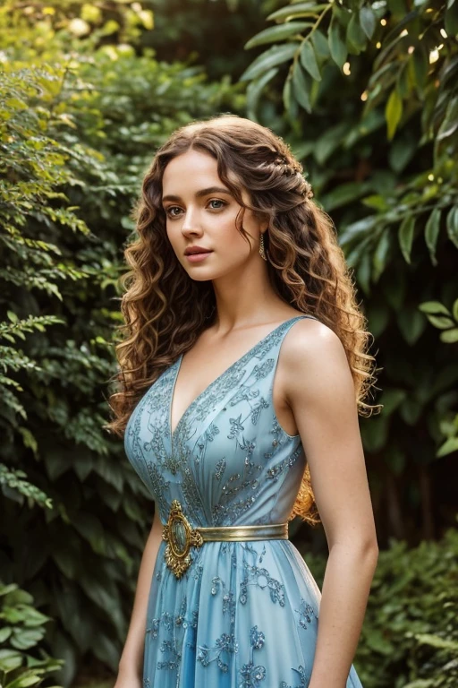 beautiful detailed girl with long curly hair past her waist, detailed face, beautiful blue eyes, detailed elegant dress, standing in a lush garden, golden hour lighting, cinematic composition, highly detailed, intricate details, photorealistic, 8k, masterpiece