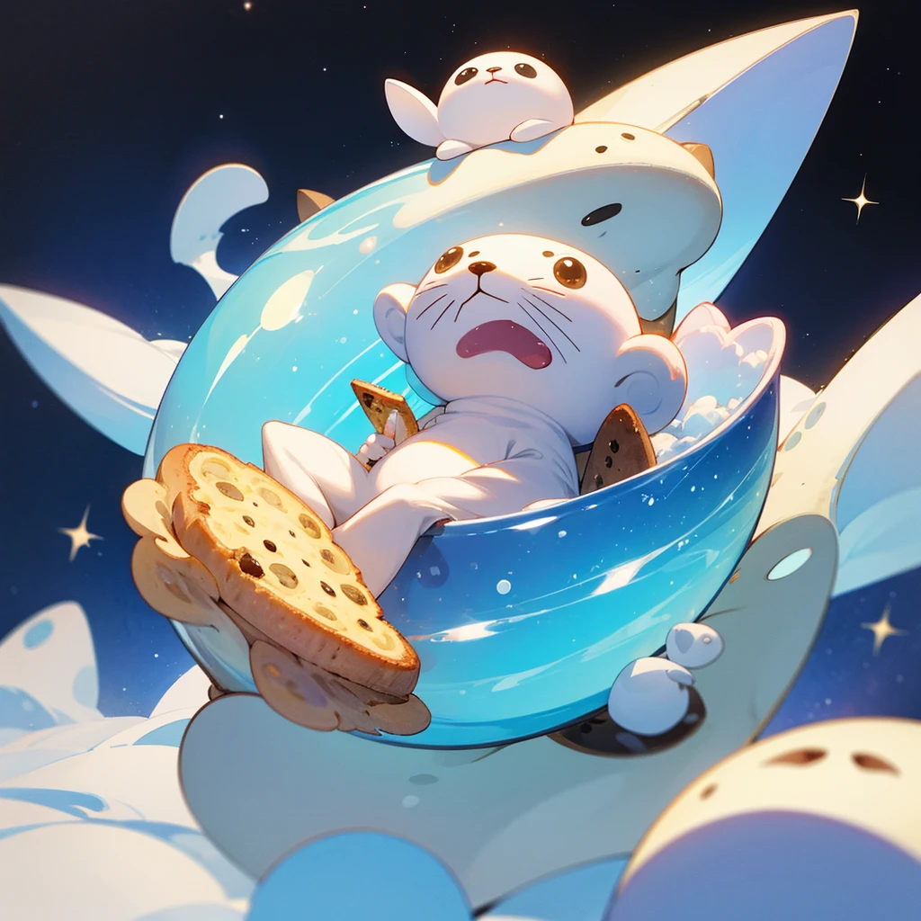 A cute space-dwelling spotted seal is eating a cookie with relish.