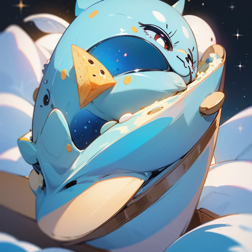 A cute space-dwelling spotted seal is eating a cookie with relish.