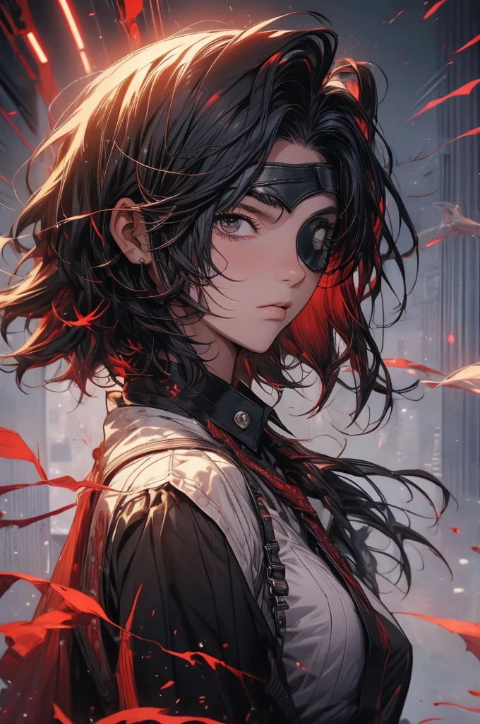 himeno (Tafah, Best quality:1.2), Single, 1girl, Red poetry, black hair, short hair, black eyes, the hands,, Unbuttoned shirt with white collar, on the chest, a lot of, Black pants unbuttoned, Wide hips, Body shaming, fitness, eye patch