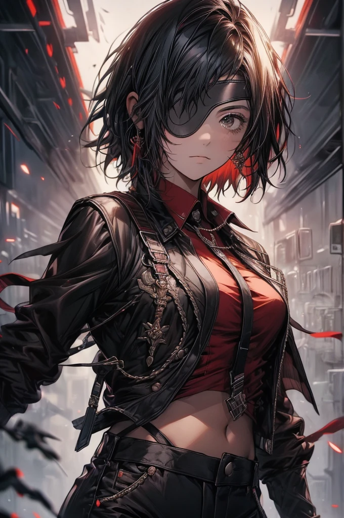 himeno (Tafah, Best quality:1.2), Single, 1girl, Red poetry, black hair, short hair, black eyes, the hands,, Unbuttoned shirt with white collar, on the chest, a lot of, Black pants unbuttoned, Wide hips, Body shaming, fitness, eye patch