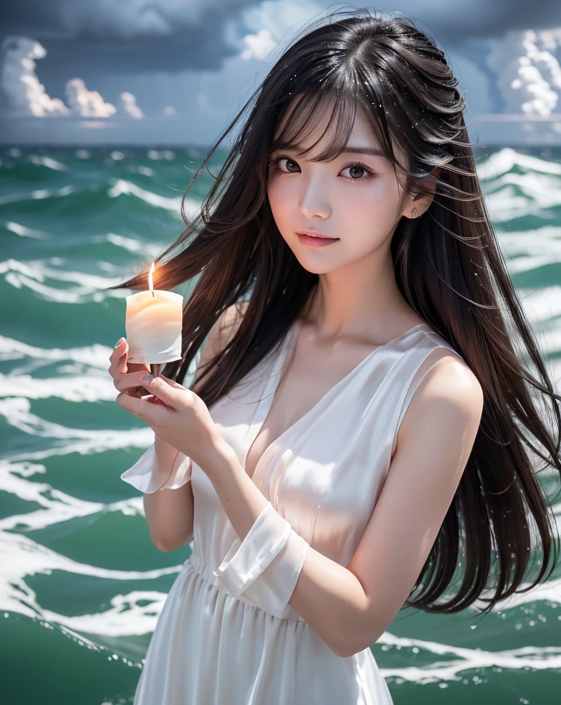 (Highest quality, 32k, High resolution, Masterpiece:1.5, ), marimo_jet, god々A photograph with brilliant dazzling and healing power., Representing the end of despair and the beginning of hope, Expressing emotions, Have a rich imagination, ((嵐でRough seas原に立つgod々Shii Girl:1.4)), In the midst of darkness and confusion, the deep kindness of women begins to shine., Beautiful Japanese Girls, An exceptionally beautiful face, Small Face Beauty, Perfect Human Anatomy, Magical big eyes, Motherhood and generosity, Deep Love, fleeting smile, Shiny black hair, ((Beautiful, wind-blown, super long, straight silk hair:1.3)), Asymmetrical bangs, Hair between the eyes, Transparent, soft white skin, Sharp eyebrows, Thin lashes, Natural Makeup, Cheek highlighter, Pale pink detailed lips, ((White dress:1.3)), ((Holding a small lit candle carefully in both hands:1.3)), ((High resolutionの美しい太もも, Beautiful legs), ((Rough seas:1.5)), ((Background of black clouds and heavy rain:1.2)), Professional Photographer, Professional Lighting, Professional Model