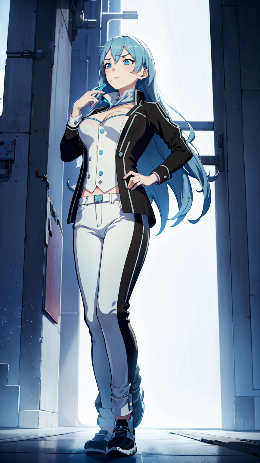 one women (Model)
 wearing a light blue tracksuit with a star on her chest (masterly) (Exactly) (advertising) (meiestic) (elegant) background tokyo