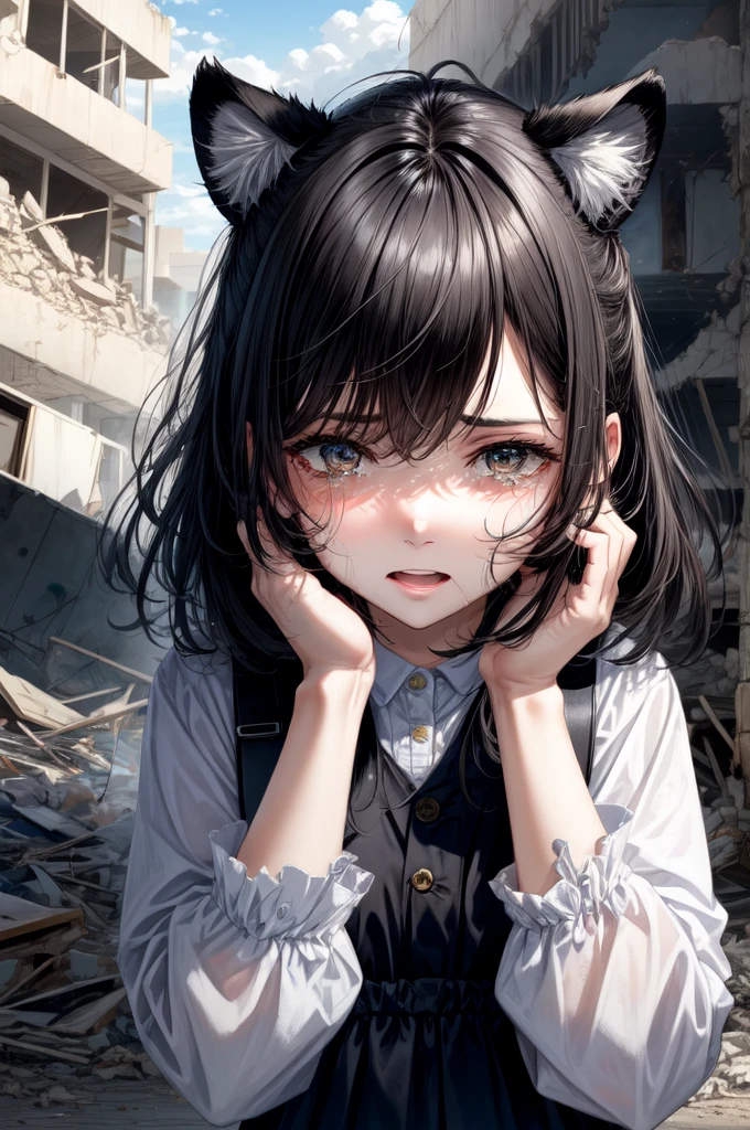 Nine year old  crying, black hair with white highlights and black tiger ears, eyes black,She is in a building that was destroyed.