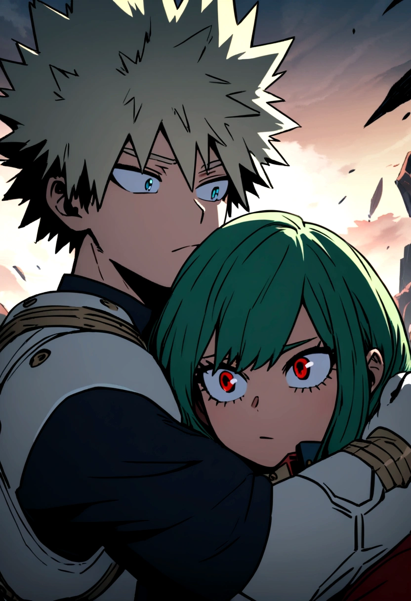 Screenshot of boku no hero academia , beautiful girl.with strong green hair. blue eyes .and he is next to bakugo katsuki , He is ash blonde , with red eyes and they are hugging