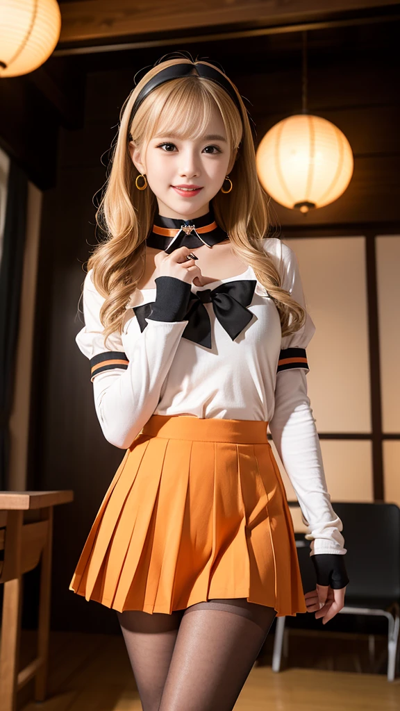 best quality、ultra-detailed、8K、Japanese、Japanese、Seductive beauty、seductive adult woman、Pretty Woman、cool girl、smirk、Wicked Smile、masterpiece、best quality、highres、1girl、独奏、slender、looking at viewer, standing、1、Sailor Warriors uniform、Orange skirt、pleated skirt、Miniskirt、orange sailor collar、elbow gloves、black gloves、tiara、hair bow,、red bow、choker、orange choker、white leotard、blonde hair、very long hair、jewelry、earrings, (incoming gift, box:1.2), grin, blush、classroom、blonde hair、Brown hair、wavy hair、swept bangs、piercing eyes、skin color pantyhose、night、inside darkroom、hand hold pantyhose、Are standing、shoot from below、Offer、shoot from below、Swear allegiance、I have pledged my allegiance、