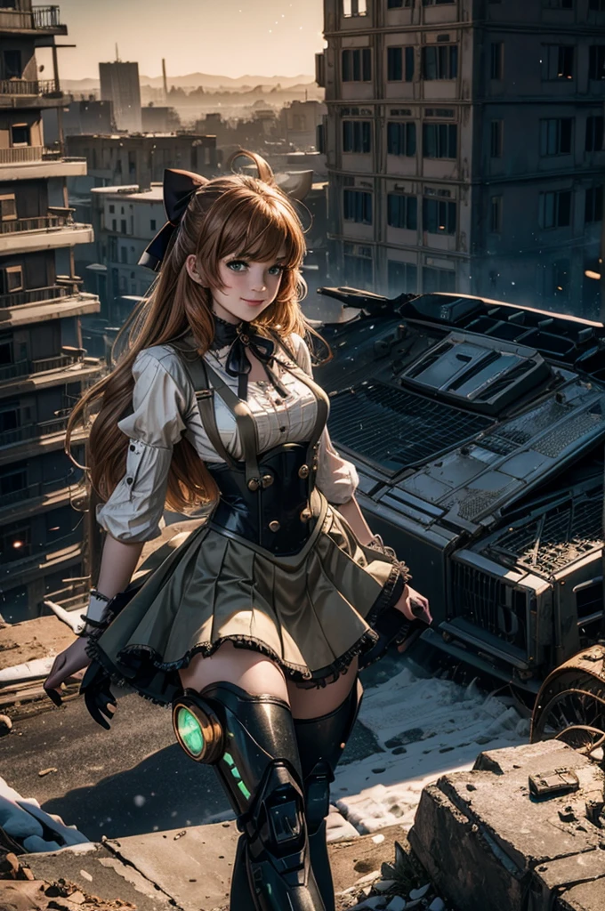 cowboy shot, (dynamic pose), smile, underbust, Penny Polendina, long hair, neck ribbon, suspender skirt, corset, black bow, white blouse, mechanical legs, neon trim, standing, ((people in city ruins on hill, overlooking valley)), BREAK night, stars, moon, snow, BREAK mountains in background, waterfall, vehicle wreck, ((people in military uniform)), bonfires, post-apocalypse, dystopian future, (volumetric lighting), intricate details, tonemapping, sharp focus, hyper detailed