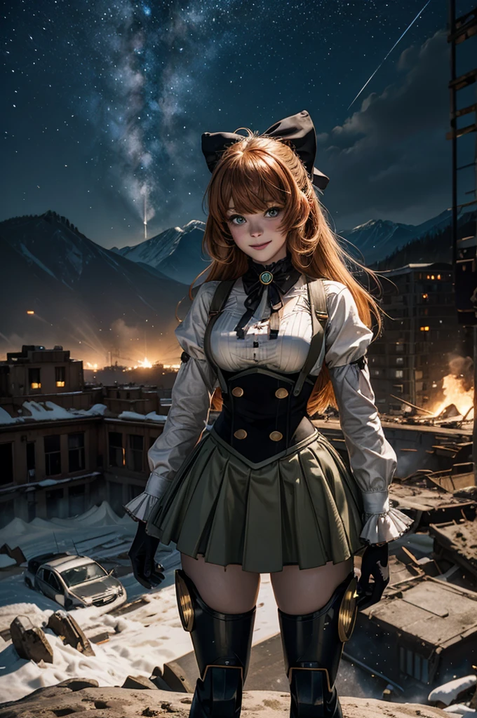 cowboy shot, (dynamic pose), smile,  underbust, Penny Polendina, long hair, neck ribbon, suspender skirt, corset, black bow, white blouse, mechanical legs, neon trim, standing, ((people in city ruins on hill, overlooking valley)), BREAK night, stars, moon, snow, BREAK mountains in background, waterfall, vehicle wreck, ((people in military uniform)), bonfires, post-apocalypse, dystopian future, (volumetric lighting), intricate details, tonemapping, sharp focus, hyper detailed

