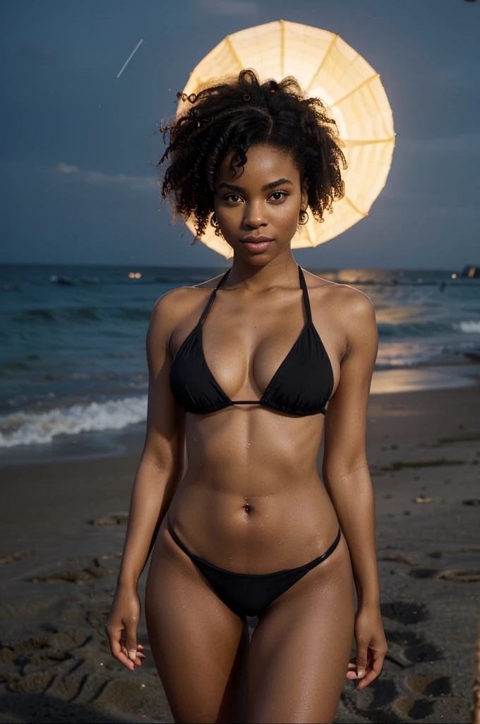 "Bright cinema lights. Create a surreal 8K HD image of a young Black woman, 23 years old, with naturally curly afro hair, slim and attractive, modeling photorealistic beachwear on a beach at night. Her face is that of a beautiful doll, with a very sexy facial expression. She is in an expressive pose. She is standing with her legs open. Her breasts are small and her ass is big. Her body has an hourglass shape. Her skin is smooth and shiny. She is wearing a stylish beach outfit, either a bikini or a one-piece swimsuit. She is on a beach at night, with black lights and a darker ambiance. The scene should capture the relaxed and elegant atmosphere of a nighttime beach. A cinema camera with a 35mm lens is used to capture the texture of her beachwear and surroundings. The background should be gently blurred, with an elegant appearance."