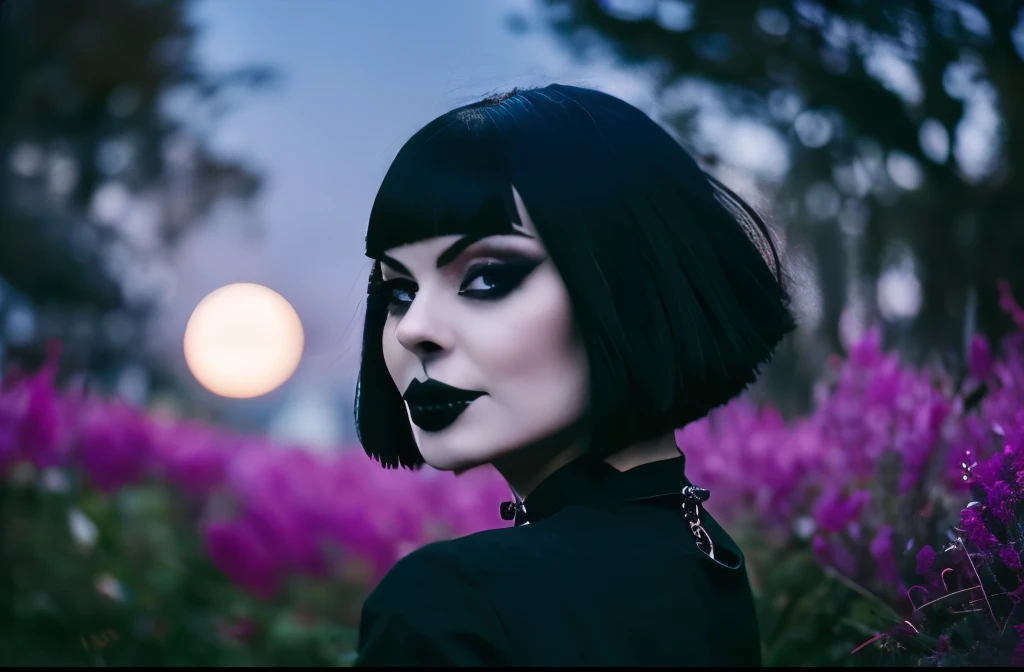 Generate a hyper-realistic image that employs the shallow depth of field technique, Head and sholders portrait to highlight a pretty goth girl wearing a gothic dress, ((cut hair with fringe)), at ((night in a creepy cemitery)) setting, (((under the moonlight))). The girl should be the focal point, with crisp clarity, while the background of the forest should be gently blurred to create a bokeh effect. (((black roses In the foreground))) should be visible but blurred, adding depth to the composition.", adding depth to the composition. Sony Alpha A7R III, macros lens , f/5.6. ((Cinematic purple Lighting)) .