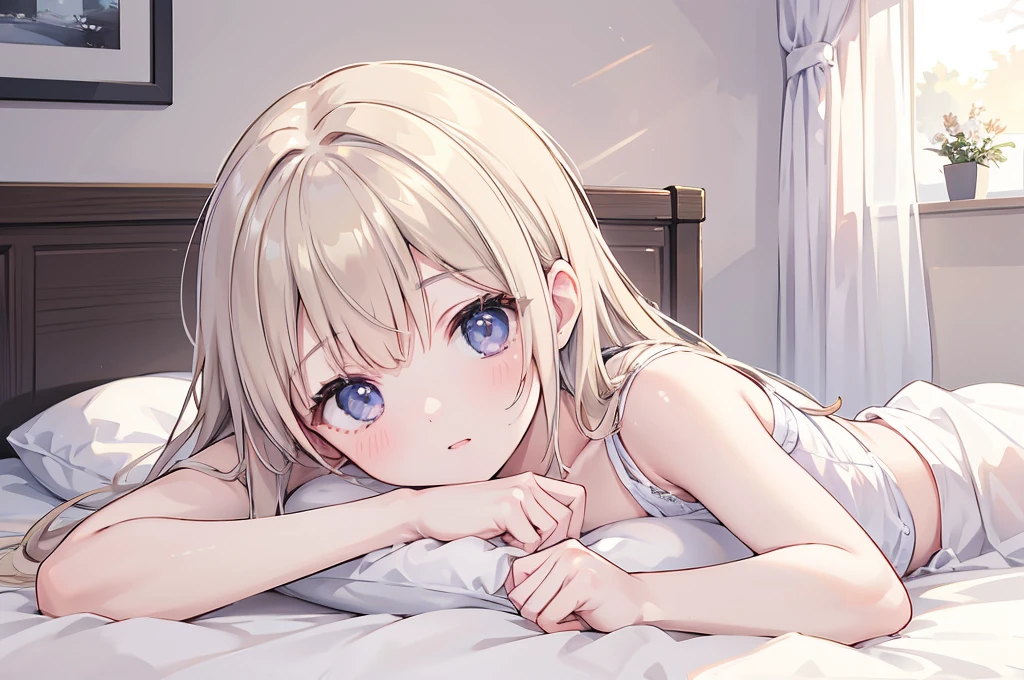 Photorealistic、Highest quality、Highest Resolution、Highest quality、8K、1人のBeautiful woman、Beautiful woman、Beautiful woman、morning、In the bet、Looks sleepy、Just woke up、