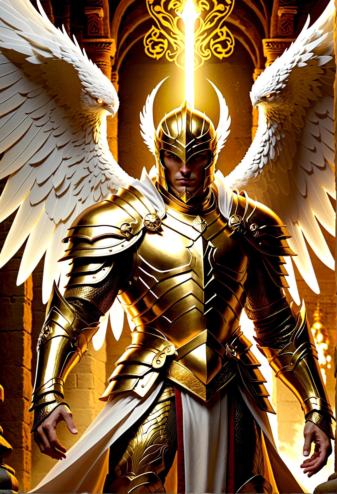 Dnd god, Dungeons and dragons, god, upholding the principles of honesty, justice, and order. protects honest people and punishes evil, using the power of light to vanquish his enemies and defend goodness. He is depicted as tall, with white wings and golden armor. His face is radiant, and his eyes are bright. His voice carries divine authority and wisdom. ((A god for dnd game)), masterpiece, art