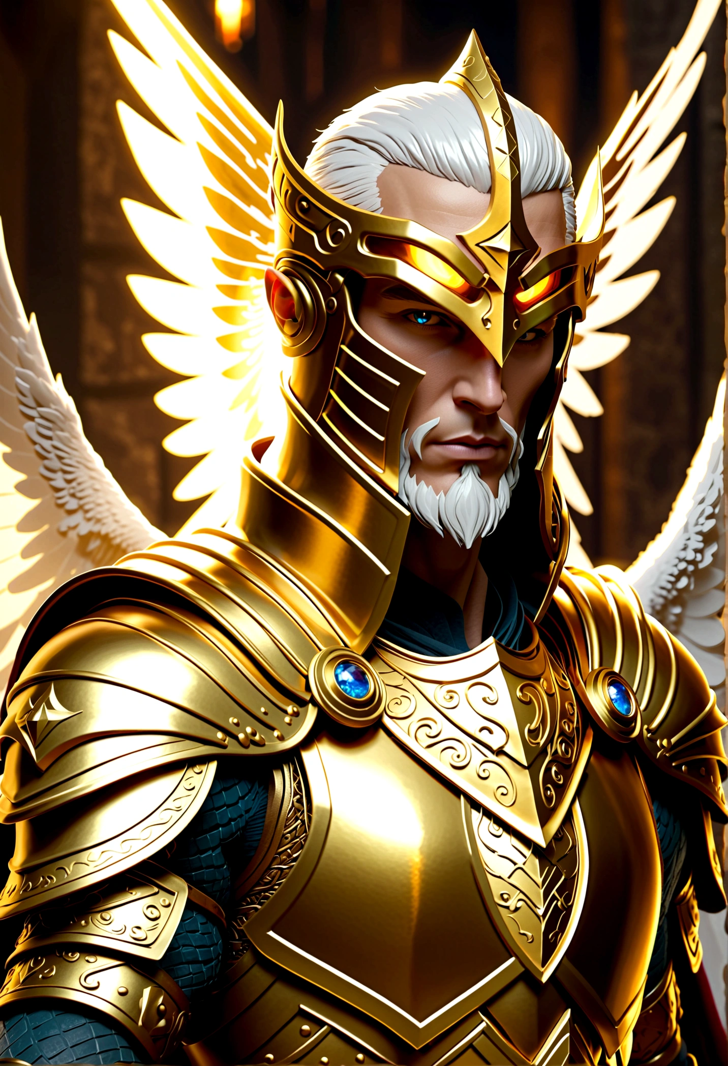 Dnd god, Dungeons and dragons, god,  upholding the principles of honesty, justice, and order. protects honest people and punishes evil, using the power of light to vanquish his enemies and defend goodness. He is depicted as tall, with white wings and golden armor. His face is radiant, and his eyes are bright. His voice carries divine authority and wisdom. ((A god for dnd game)), masterpiece, art
