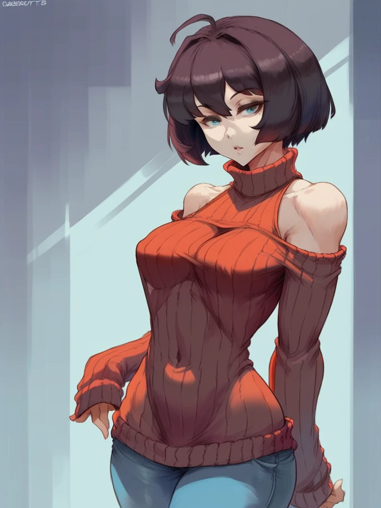 SomethingUnlimited, masterpiece, best quality, 1girl, hairband, red hair, solo, rain, black eyes, short hair, ((highleg leotard, long sleeve leotard, cameltoe, bare legs, boots)), full body, hands on hips, smile