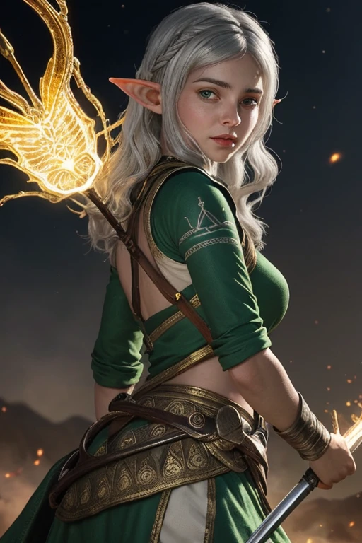 (One Woman), One Woman, masutepiece, of the highest quality, posterior view, Queen of the Grey Elves, bikini of, central, Belt bag, Peach Boots, viewer, Face, Portrait, Glowing eyes, Green smoke, Ass, Black background, Raised breasts, Bare skin, angry expressions, devil's figure, Docking screen, Muscle Girl, Krautin Gregg Open,