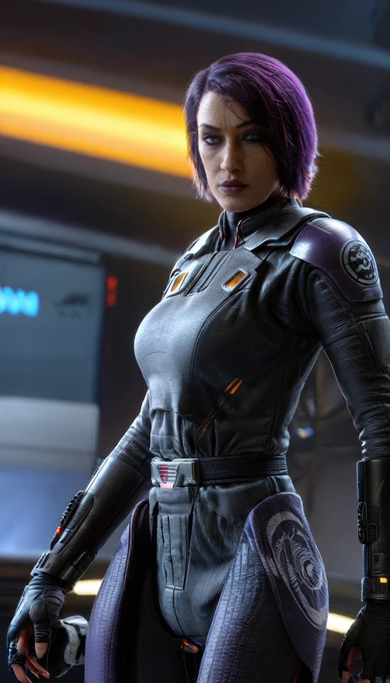 professional 3d model Cinematic scene, sabine wren, HUGE BREASTS, Ghost in the Shell, detailed background, masterpiece, best quality, high quality, highres, absurdres . octane render, highly detailed, volumetric, dramatic lighting