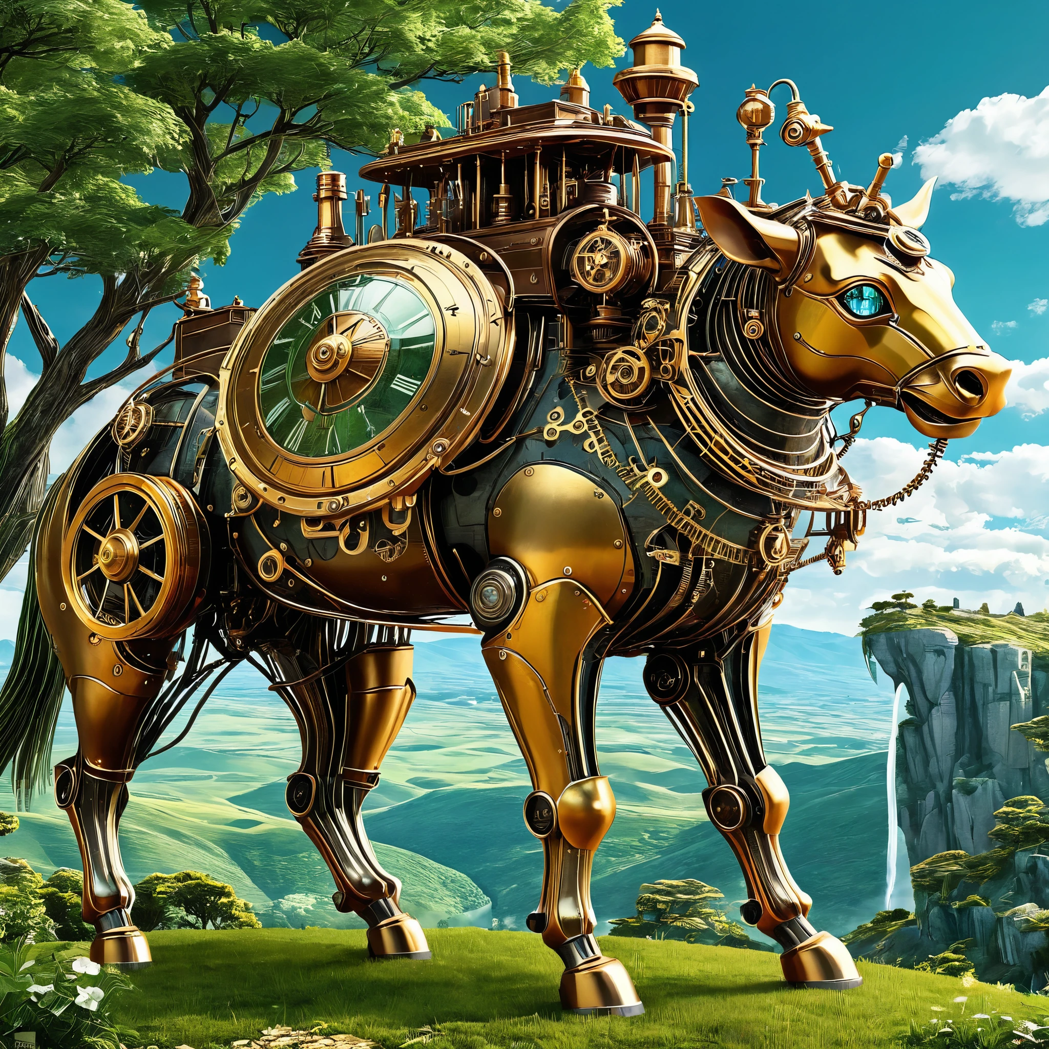 Imagine a steampunk-inspired world where mechanical animals roam freely in a fantastical landscape. Generate an AI image that combines the elegance of Victorian machinery with the wonders of nature.