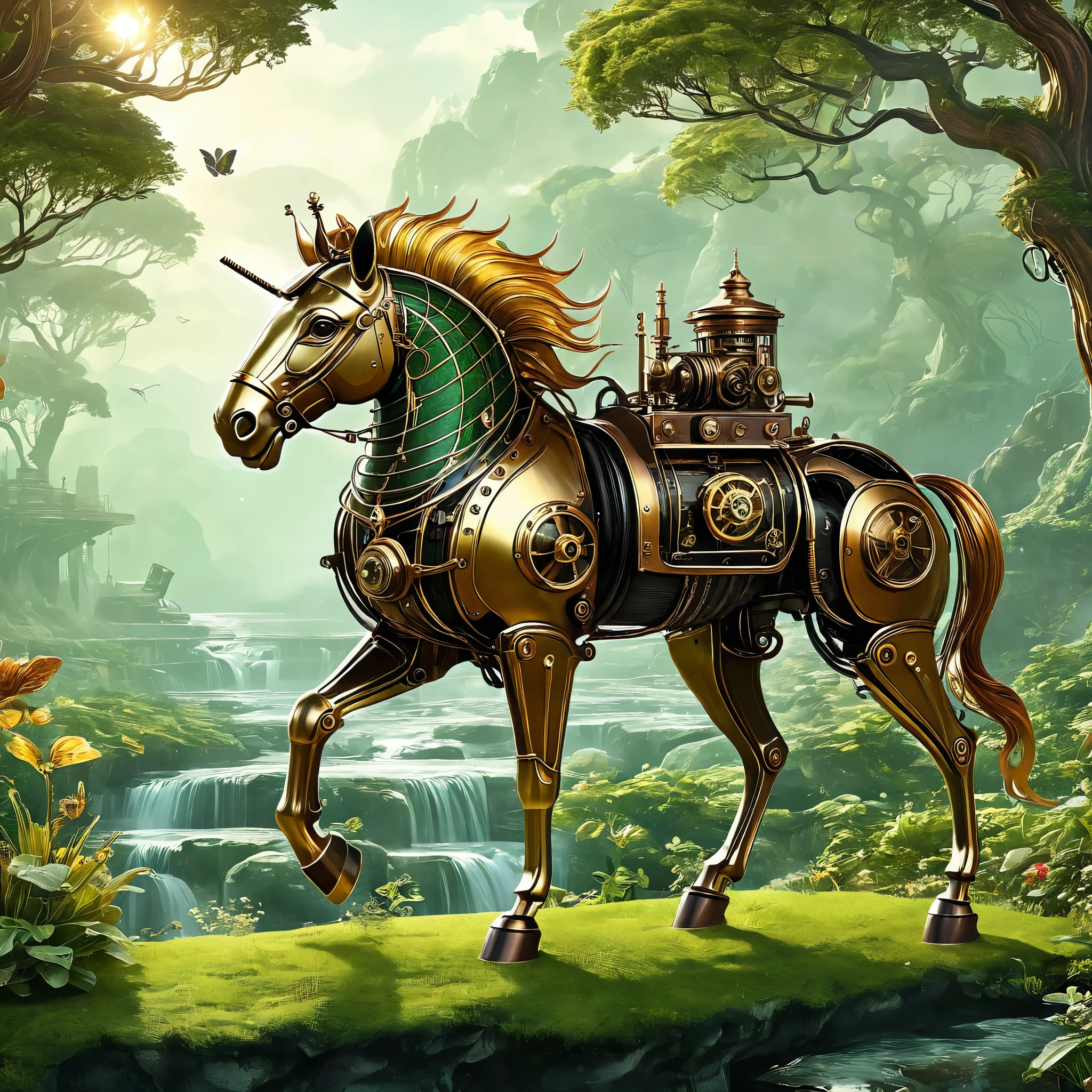 Imagine a steampunk-inspired world where mechanical animals roam freely in a fantastical landscape. Generate an AI image that combines the elegance of Victorian machinery with the wonders of nature.