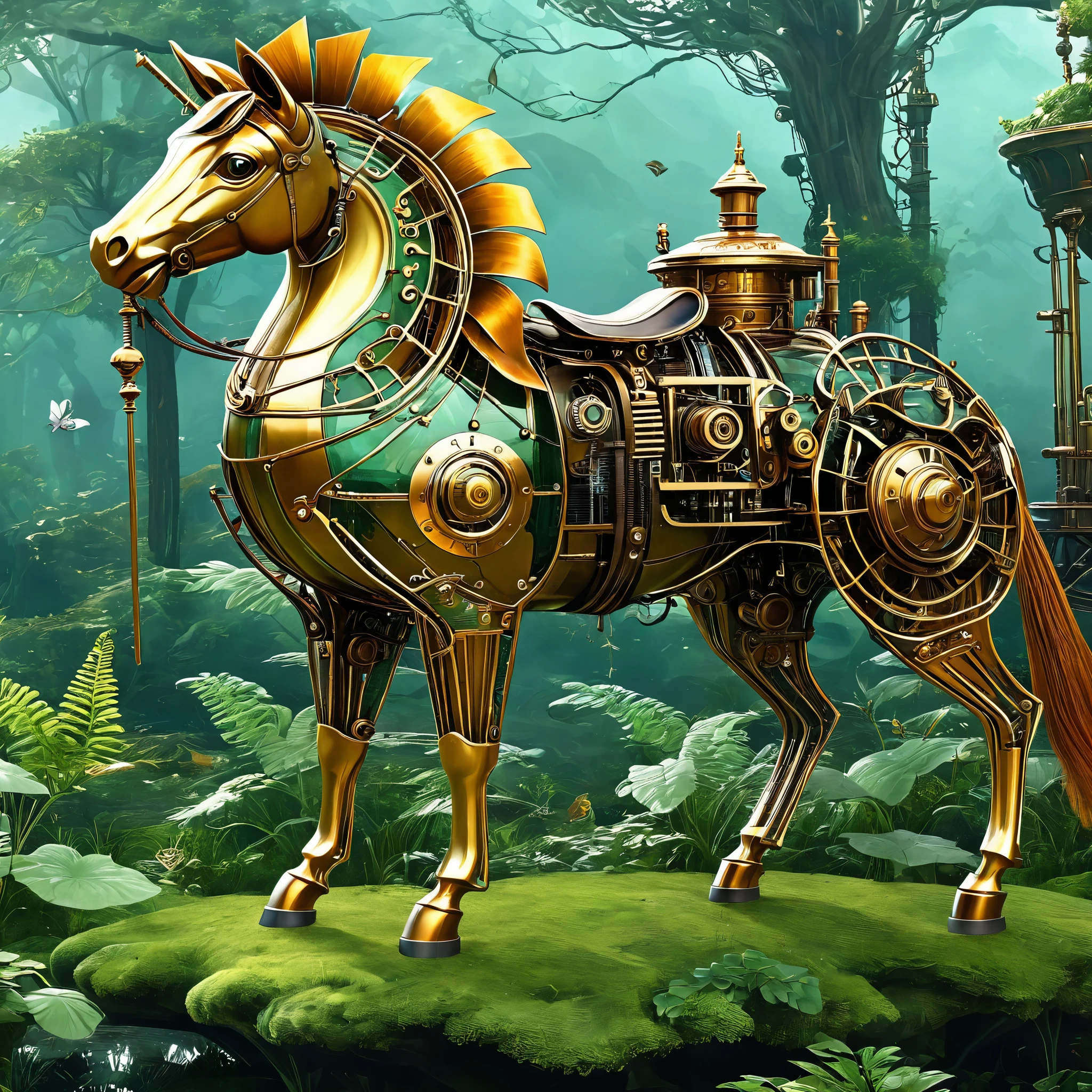 Imagine a steampunk-inspired world where mechanical animals roam freely in a fantastical landscape. Generate an AI image that combines the elegance of Victorian machinery with the wonders of nature.
