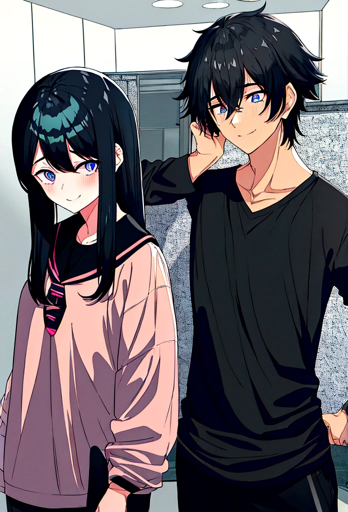 A boy with black hair, eyes black, black sweatshirt, black cargo pants, embarrassed pink,a taller woman in light blue , light pink hair, blue colored eyes,she is smiling and ruffling his hair, school environment