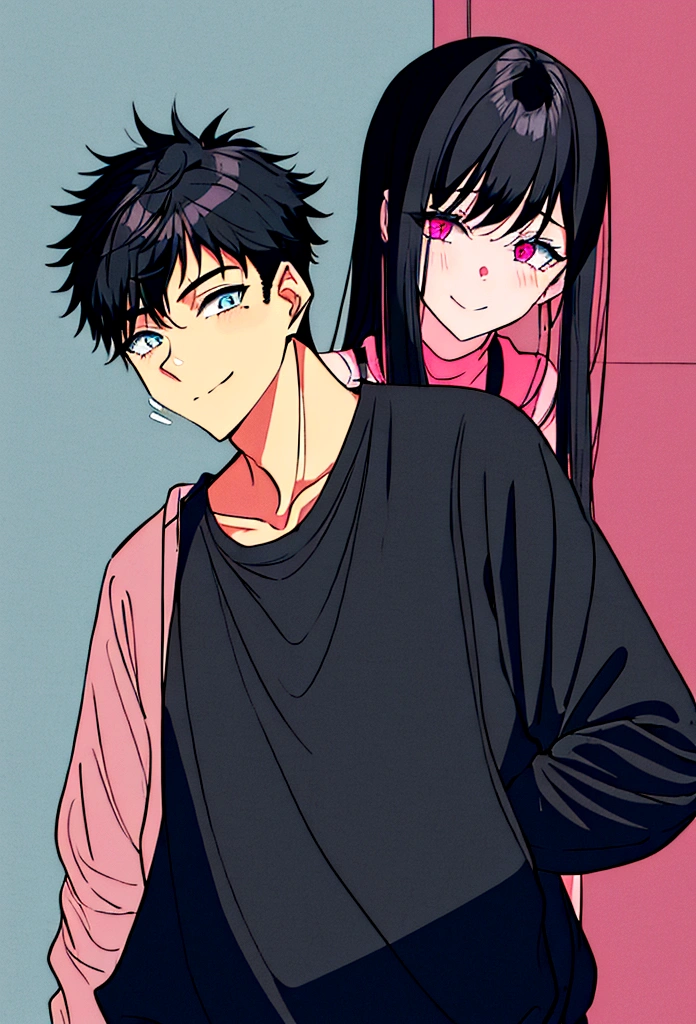 A boy with black hair, eyes black, black sweatshirt, black cargo pants, embarrassed pink,a taller woman in light blue , light pink hair, blue colored eyes,she is smiling and ruffling his hair, school environment