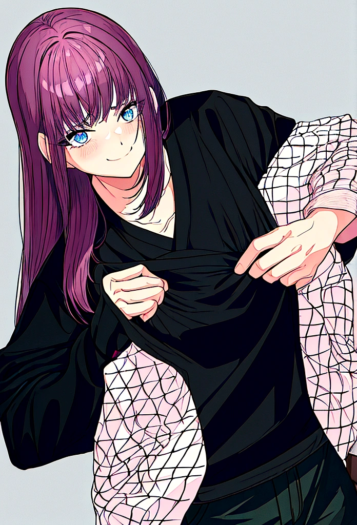 A boy with black hair, eyes black, black sweatshirt, black cargo pants, embarrassed pink,a taller woman in light blue , light pink hair, blue colored eyes,she is smiling and ruffling his hair, school environment