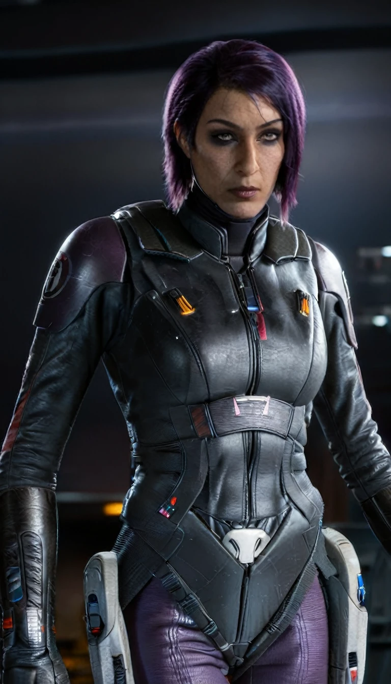 professional 3d model Cinematic scene, sabine wren, SILVER armor (HUGE BREASTS), Ghost in the Shell, detailed background, masterpiece, best quality, high quality, highres, absurdres . octane render, highly detailed, volumetric, dramatic lighting