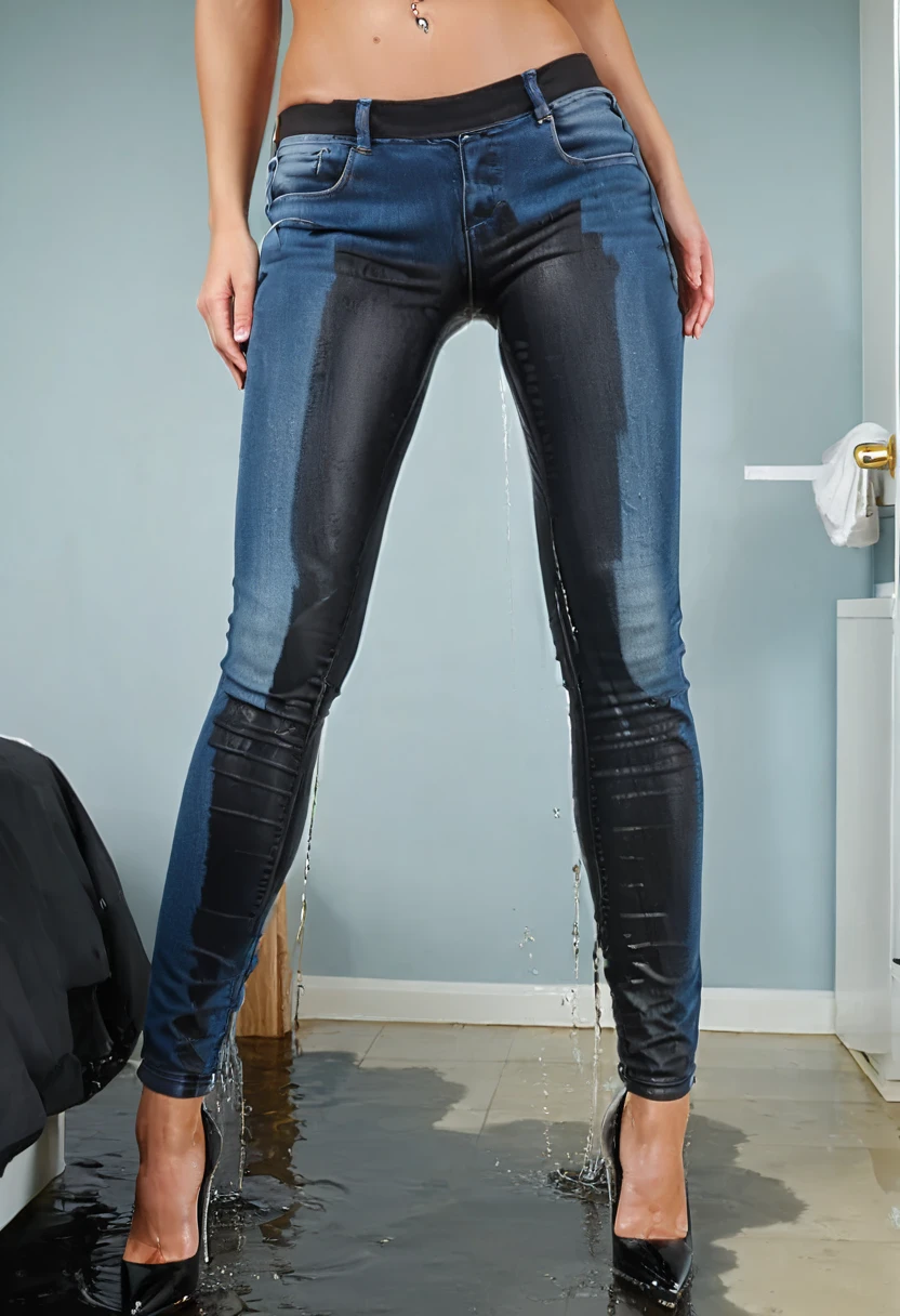 attractive blonde woman, ((sky blue skinny jeans)), high heel pumps, black sports bra, standing in a bedroom, wetting, big smile, pee stains are gleaming wet, pee run down legs, shoes flooded with pee, show heels, (((head in frame))), lower legs of jeans soaking wet, a stream of pee flows between her legs