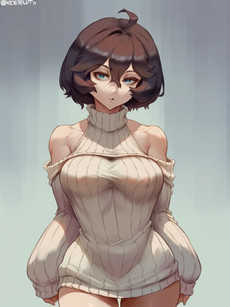 cutesexyrobutts style, solo, hair_over_one_eye, sweater, short_hair, 1girl, brown_hair, turtleneck, looking_at_viewer, black_sweater, parted_lips, bare_shoulders, turtleneck_sweater, off_shoulder, ribbed_sweater, blue_eyes, sleeves_past_wrists, grey_eyes, cowboy_shot