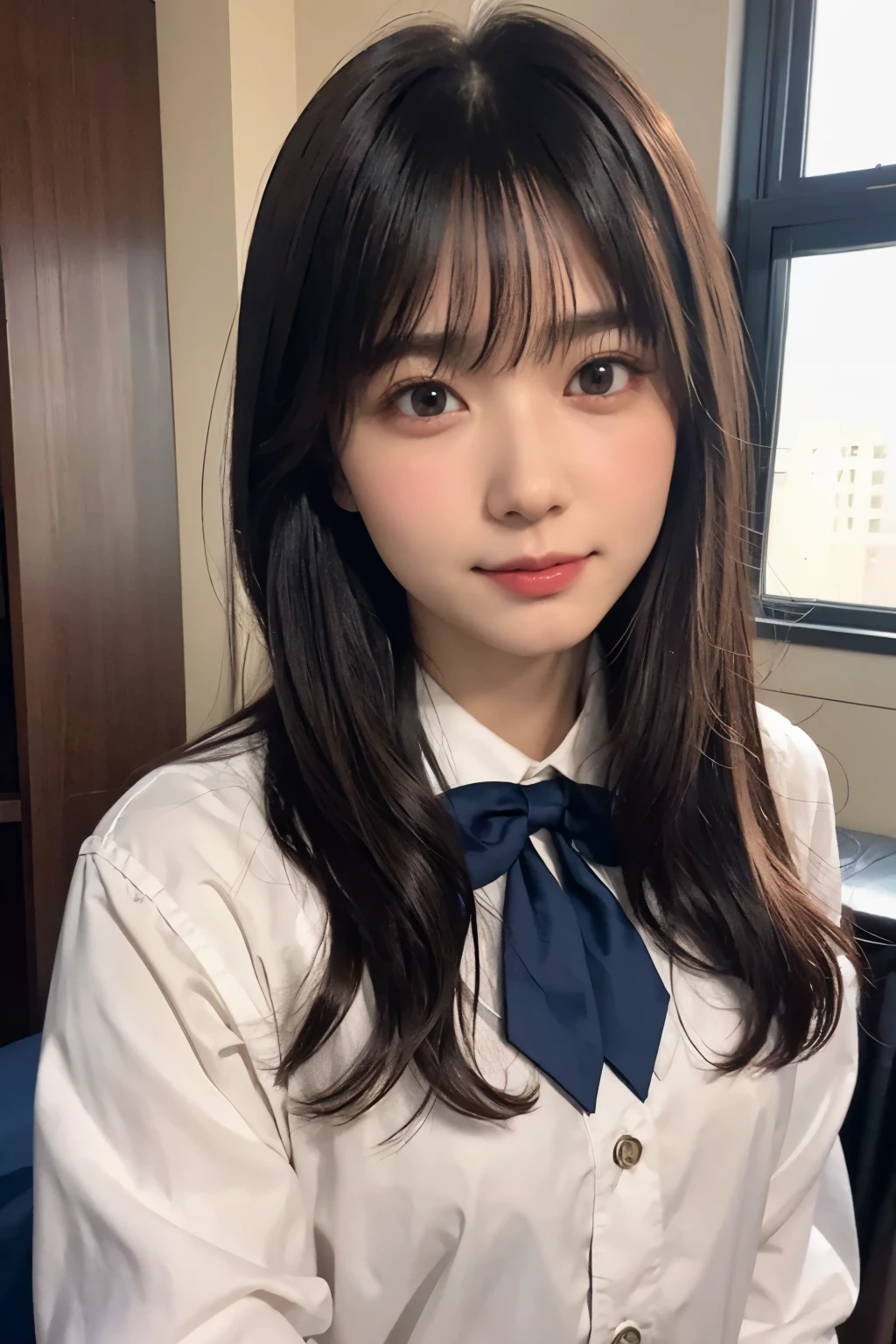 (Highest quality:1.3)、(Masterpiece:1.4)、Raw photo、8K、(Highest Resolution)、(Highest quality)、high resolution、Beautiful face in every detail、Realistic human skin、long hair、(Straight Hair)、(Beautiful woman:1.4)、(the most beautiful woman in school:1.3)、Realistic、(One Woman:1.4)、Photorealistic、With bangs、((Beautiful Hair))、(Small face)、cute、((Her eyes are big))、(High school girls)、JK Uniform、(Schoolgirl Uniform)、White shirt、Navy blue bow tie、[JK Ribbon]、Dark blue pleated skirt、(Blushing:1.3)、((She's in love))、looking at the camera、(bed)、(Bedroom)、window、((sexual excitement))、(I want to be your girlfriend)、[[[smile]]]