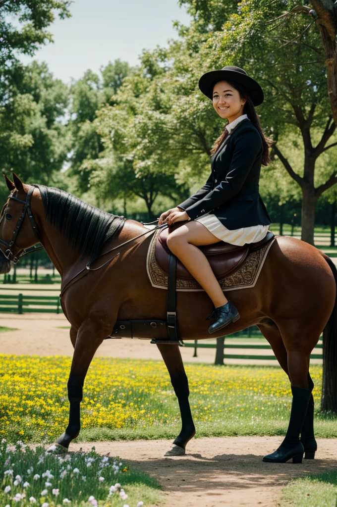 Girl sitting on a horse in a flower park