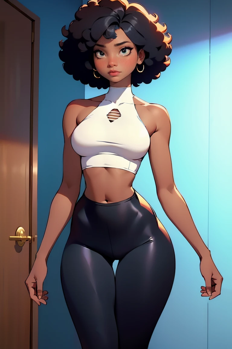 afro american girl, dark skin, behind view, afro haircut, 1 girl, solo, (black leggins) (crop tank top low neckline), sleveless, medium perky , wide hips