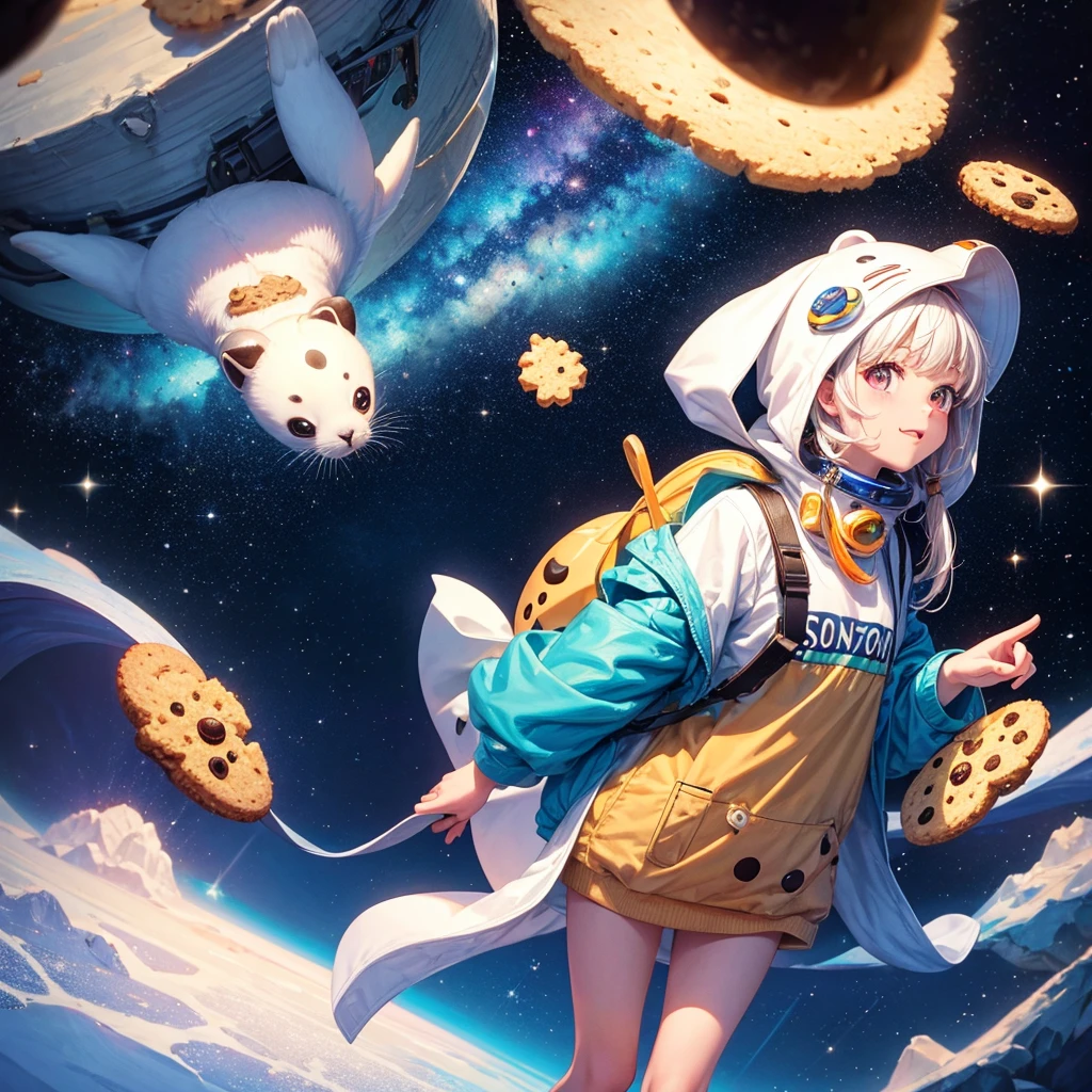 A cute space-dwelling spotted seal is eating a cookie with relish.