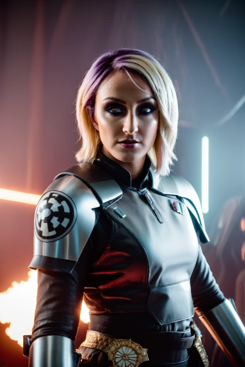 a photograph of a blonde Jessica Nigri cinematic photo sabine wren wearing armor at observatory. 35mm photograph, film, bokeh, professional, shot by david lachapelle, 4k, highly detailed