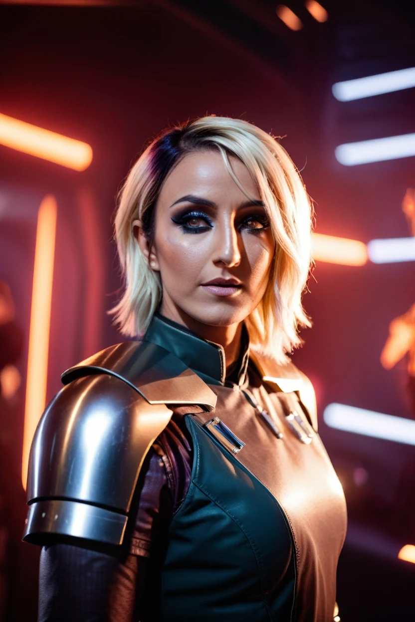 a photograph of a blonde Jessica Nigri cinematic photo sabine wren wearing armor at observatory. 35mm photograph, film, bokeh, professional, shot by david lachapelle, 4k, highly detailed
