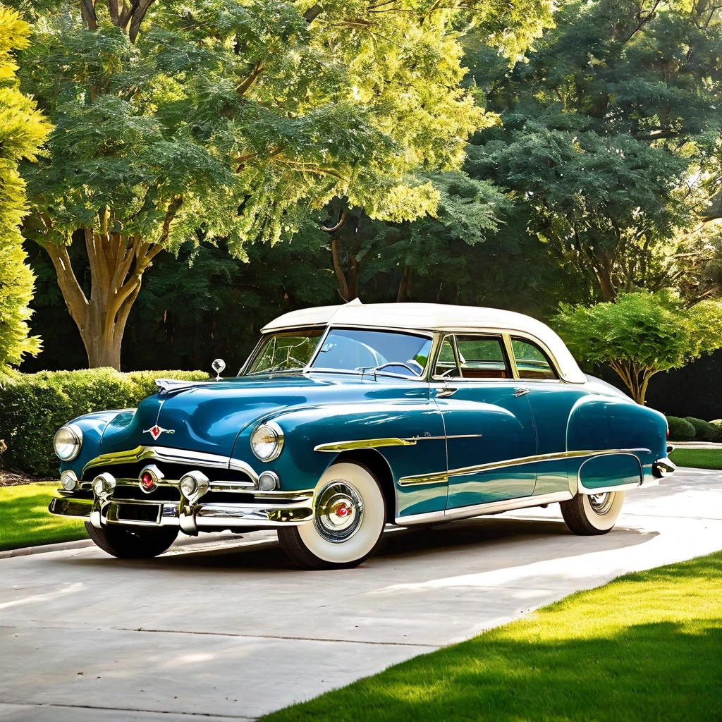 In the driveway, place a well-preserved classic 1950s car, capturing the essence of that era. The car should gleam in the sunlight, showcasing the impeccable design and elegance of the 1950s automotive style.