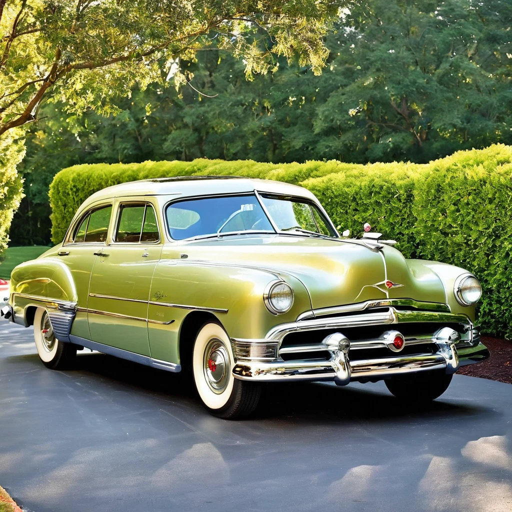 In the driveway, place a well-preserved classic 1950s car, capturing the essence of that era. The car should gleam in the sunlight, showcasing the impeccable design and elegance of the 1950s automotive style.