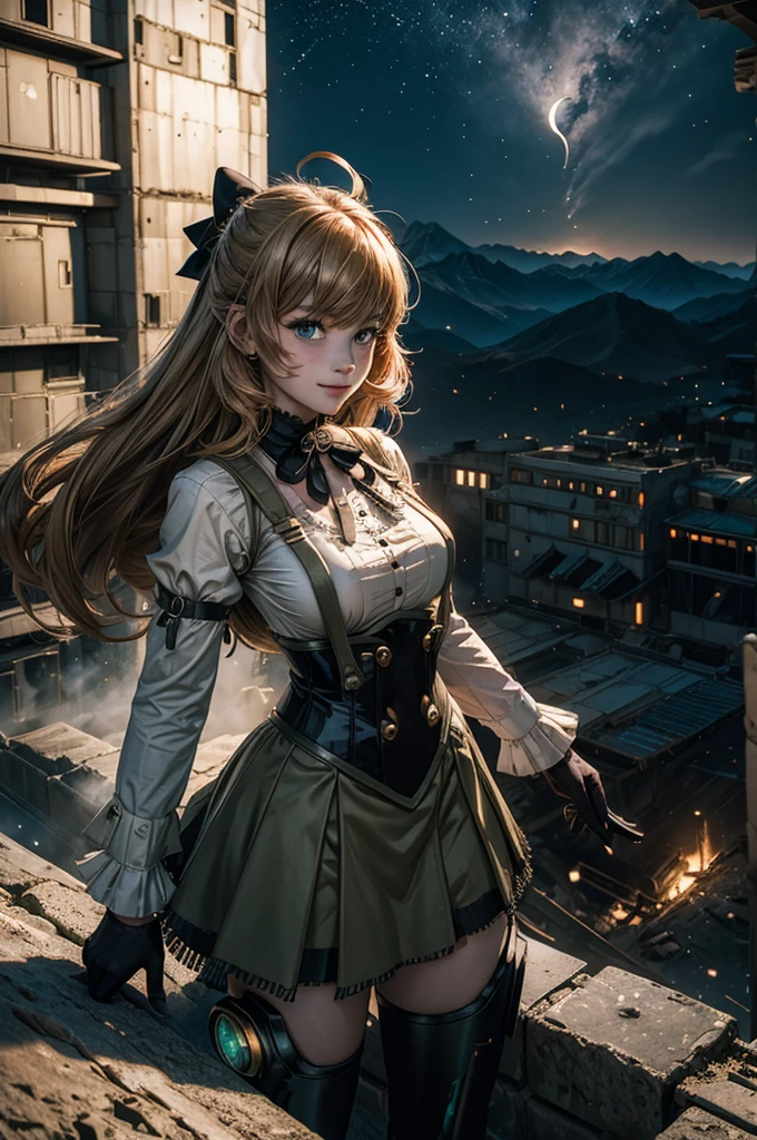 cowboy shot, (dynamic pose), smile, underbust, Penny Polendina, long hair, neck ribbon, suspender skirt, corset, black bow, white blouse, mechanical legs, neon trim, standing, ((people in city ruins on hill, overlooking valley)), BREAK night, stars, moon, snow, BREAK mountains in background, waterfall, vehicle wreck, ((people in military uniform)), bonfires, post-apocalypse, dystopian future, (volumetric lighting), intricate details, tonemapping, sharp focus, hyper detailed