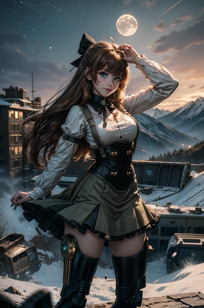 cowboy shot, (dynamic pose), smile,  underbust, Penny Polendina, long hair, neck ribbon, suspender skirt, corset, black bow, white blouse, mechanical legs, neon trim, standing, ((people in city ruins on hill, overlooking valley)), BREAK night, stars, moon, snow, BREAK mountains in background, waterfall, vehicle wreck, ((people in military uniform)), bonfires, post-apocalypse, dystopian future, (volumetric lighting), intricate details, tonemapping, sharp focus, hyper detailed

