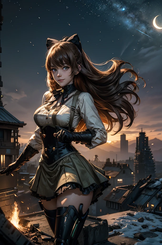 cowboy shot, dynamic pose, smile,  underbust, Penny Polendina, long hair, neck ribbon, suspender skirt, corset, black bow, white blouse, mechanical legs, neon trim, standing in city ruins on hill, overlooking valley, BREAK night, stars, moon, snow, BREAK mountains in background, waterfall, vehicle wreck, crowd, (crowd in military uniform), bonfires, post-apocalypse, dystopian future, (volumetric lighting), intricate details, tonemapping, sharp focus, hyper detailed, 

