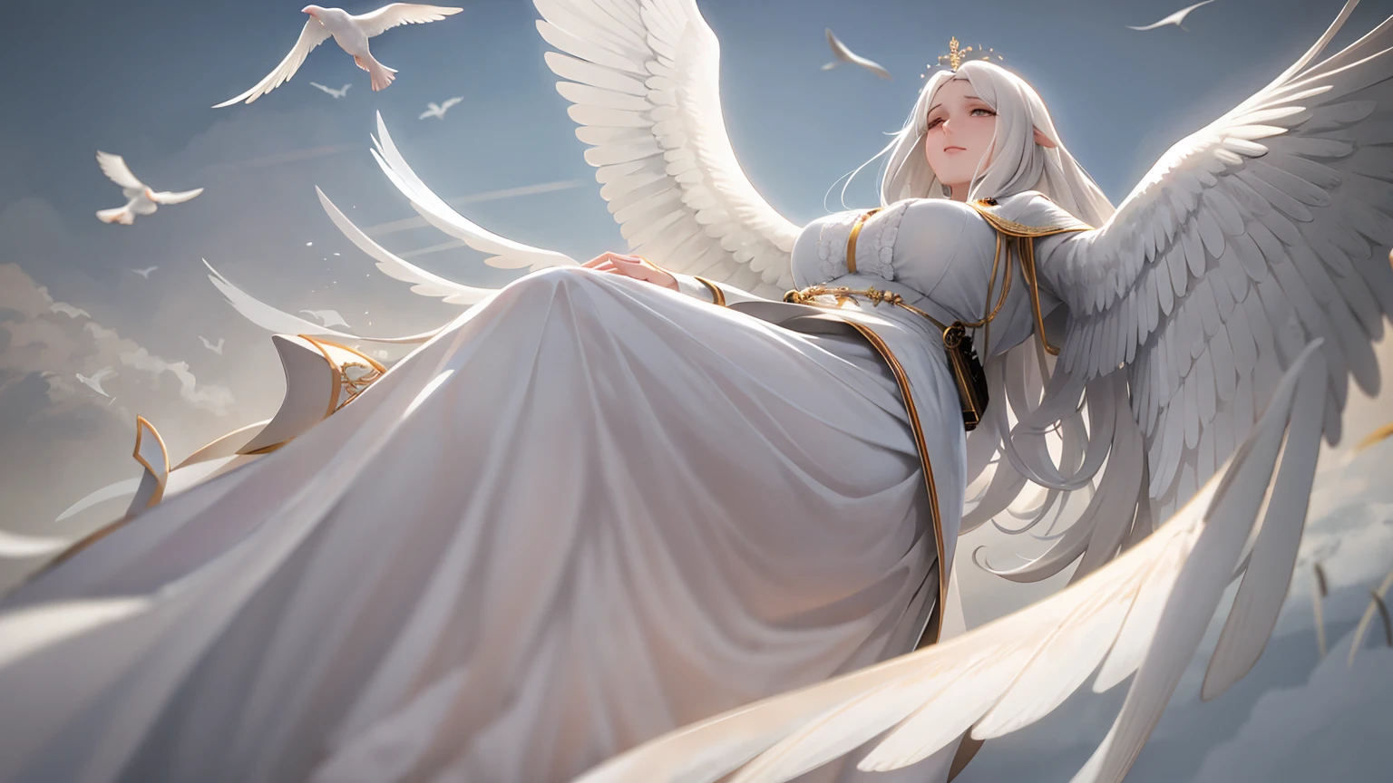 1 29 years old fully clothed beautiful angel mother with long white hairs and 2 beautifull white angelic wings, european face, praying, white clothes, large hips, big , white doves, doves in the background, serene and peaceful expression