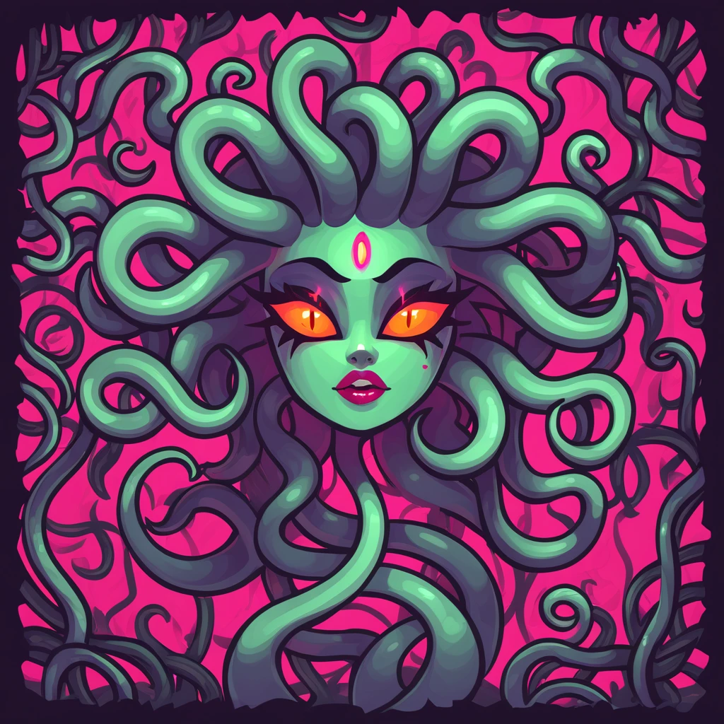 Medusa, Evil-Eyed Serpent in tentacle patches art style